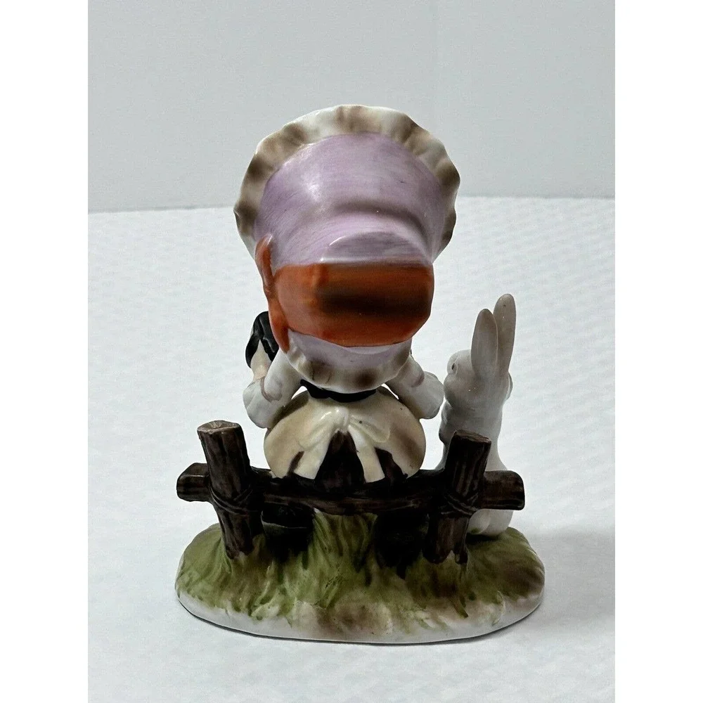 Vintage Porcelain Girl On Fence Playing‎ Accordion with Bunny Rabbit Figurine